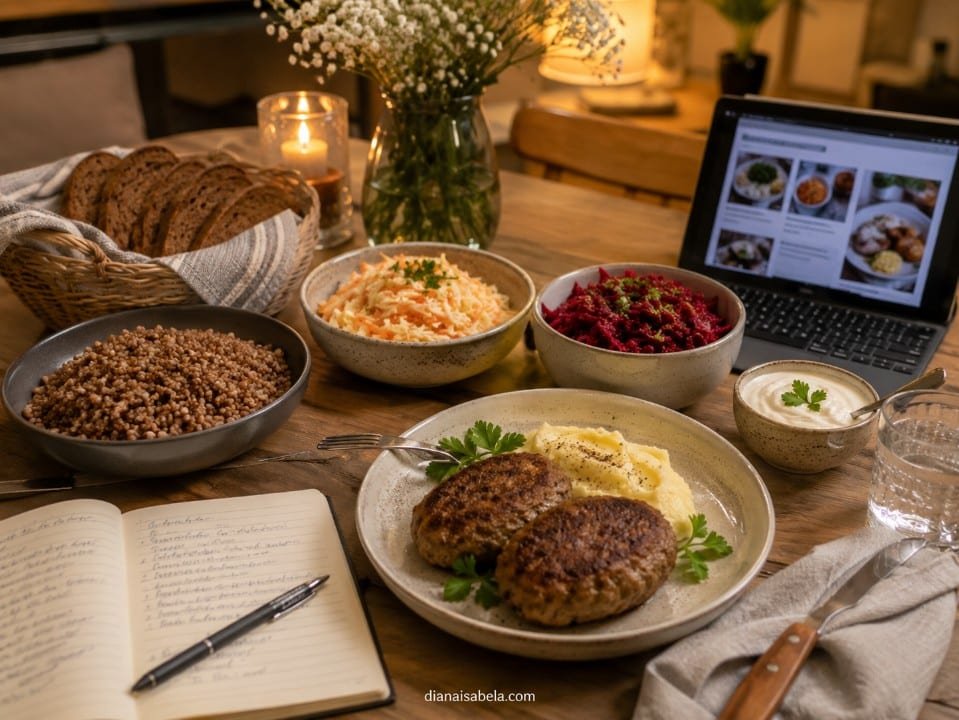 Russian kotleti dinner setup with side dishes, recipe notebook and laptop for planning a cozy Eastern European meal at home