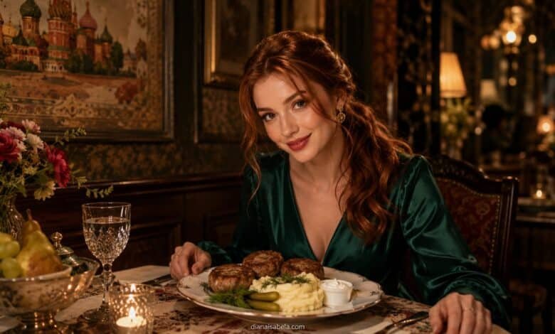Stylish woman enjoying Russian kotleti with mashed potatoes, pickles, sour cream, flowers and warm restaurant dinner mood