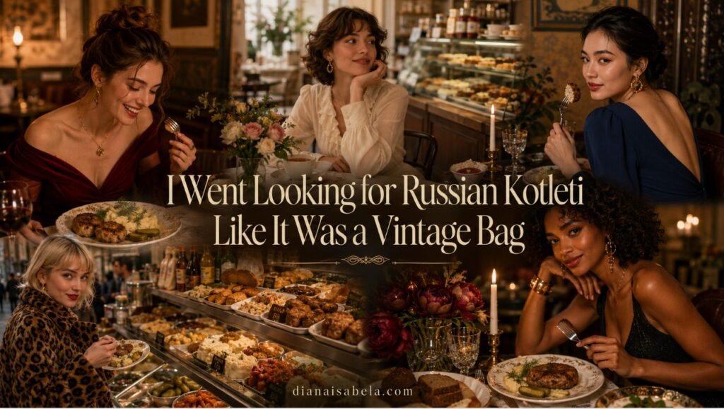 I Went Looking for Russian Kotleti Like It Was a Vintage Bag 2 Stylish women enjoying Russian kotleti, mashed potatoes, pickles, soup and cozy Eastern European comfort food
