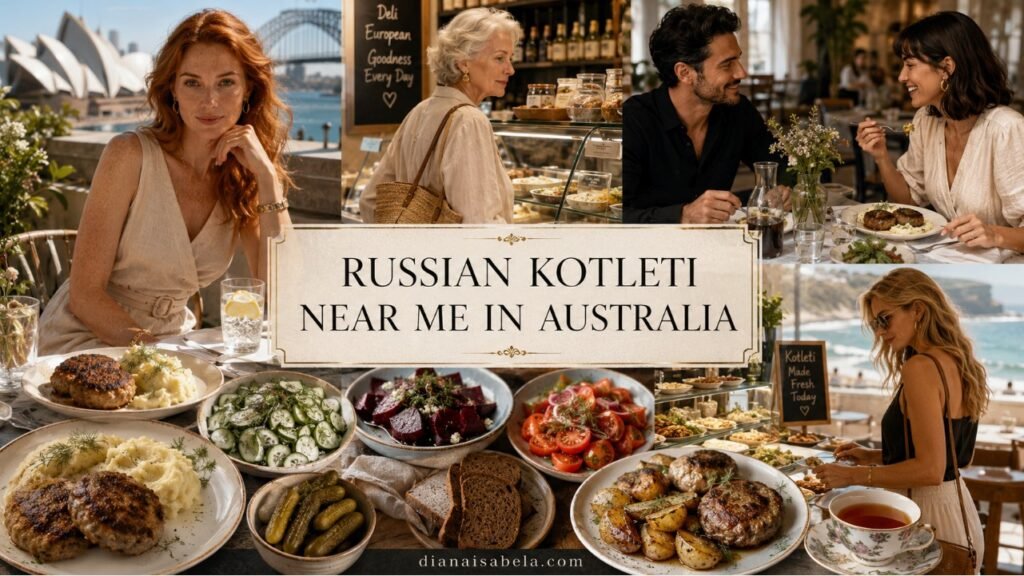 Russian kotleti near me in Australia with Eastern European deli scenes, kotleti plates, mashed potatoes, roasted potatoes, cucumber salad, beet salad, pickles, rye bread and coastal dining atmosphere.