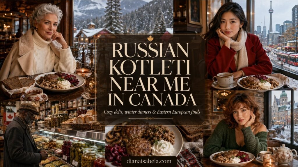 Russian kotleti near me in Canada with cozy winter restaurant scenes, Eastern European deli counters, kotleti plates, buckwheat, beet salad, rye bread and tea.
