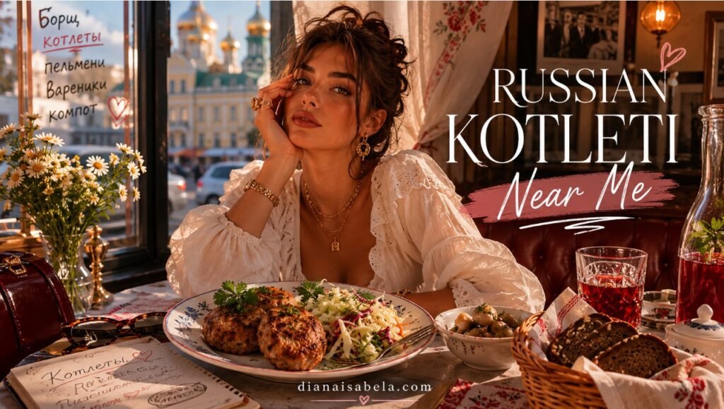 Russian kotleti with fresh salad, dark bread and a stylish café atmosphere for a cozy Eastern European dinner search