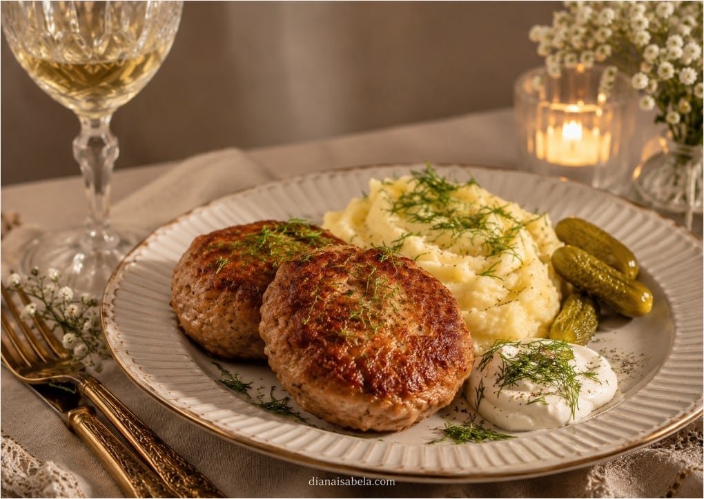 Russian kotleti with mashed potatoes, pickles and sour cream in a cozy Eastern European dinner setting