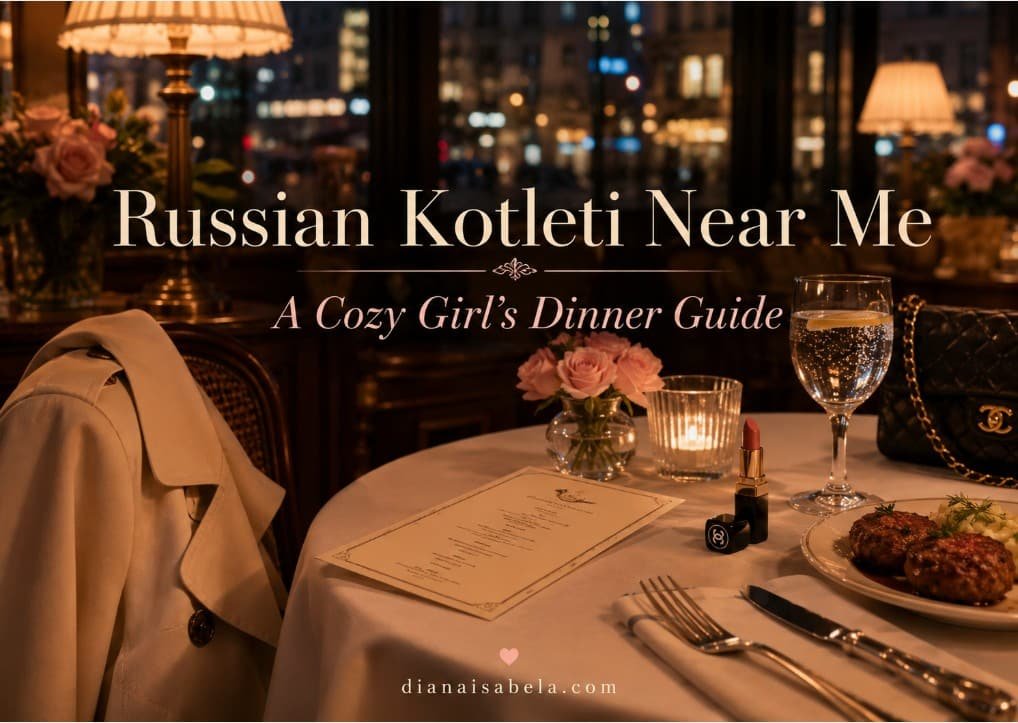 Stylish dinner table with Russian kotleti, sparkling water, menu and city-night restaurant atmosphere for a cozy Eastern European food guide