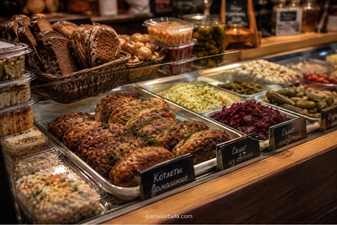 Eastern European deli counter with Russian kotleti, prepared salads, pickles, rye bread and takeaway food