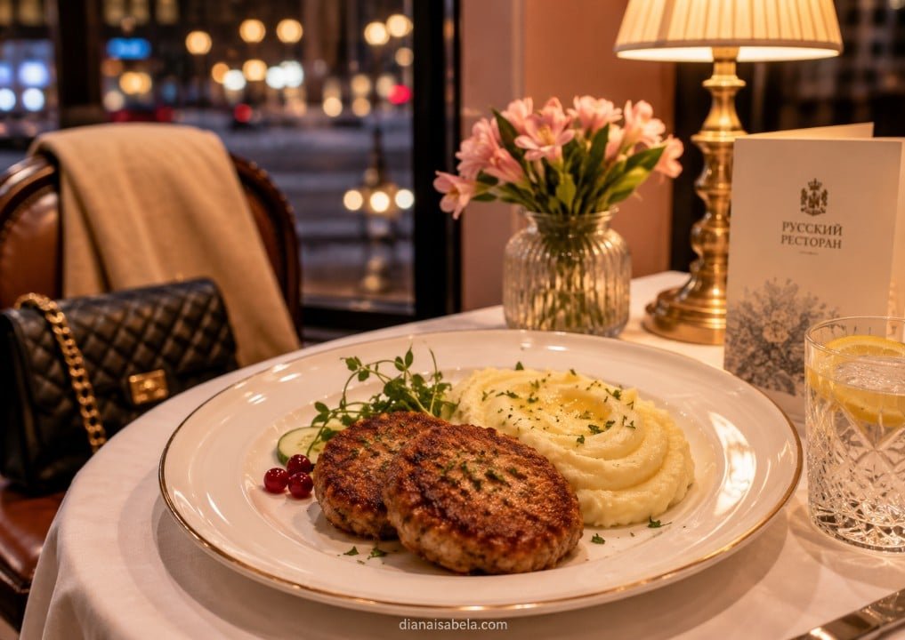 Russian kotleti with mashed potatoes on a cozy restaurant table in an Eastern European dining setting