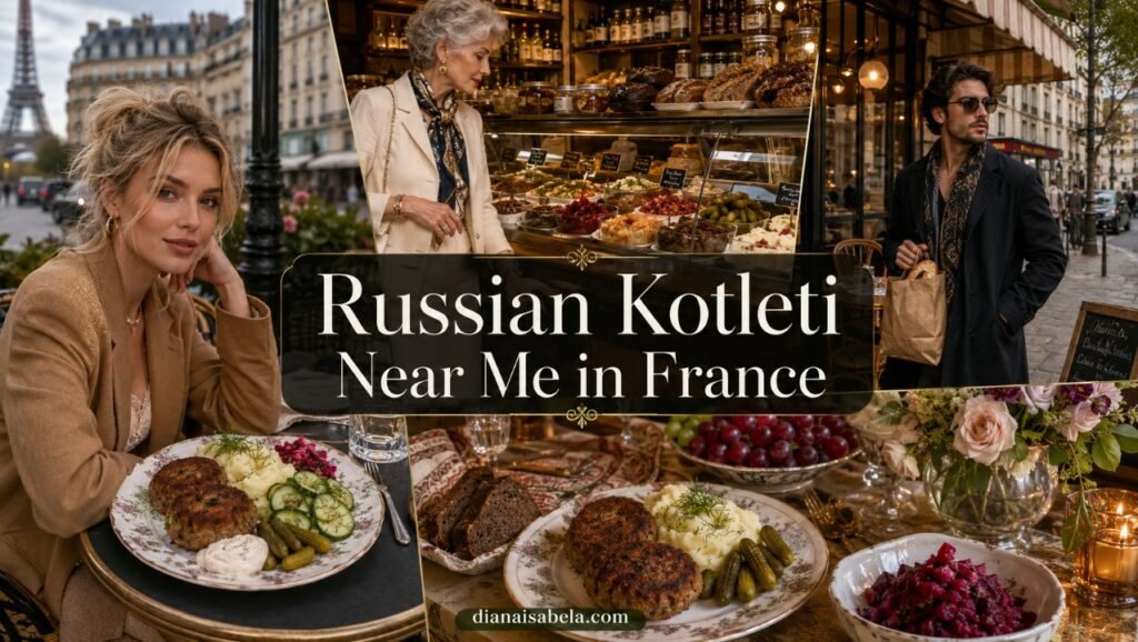Russian kotleti near me in France with Paris café scenes, Eastern European deli counter, kotleti plates, mashed potatoes, cucumber salad, beet salad, pickles, rye bread and flowers.