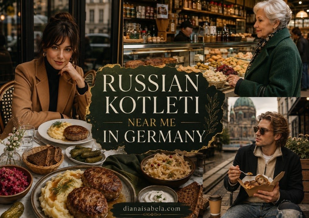 Russian kotleti near me in Germany with Berlin bistro scenes, Eastern European deli counter, kotleti plates, mashed potatoes, beet salad, sauerkraut, pickles and rye bread.