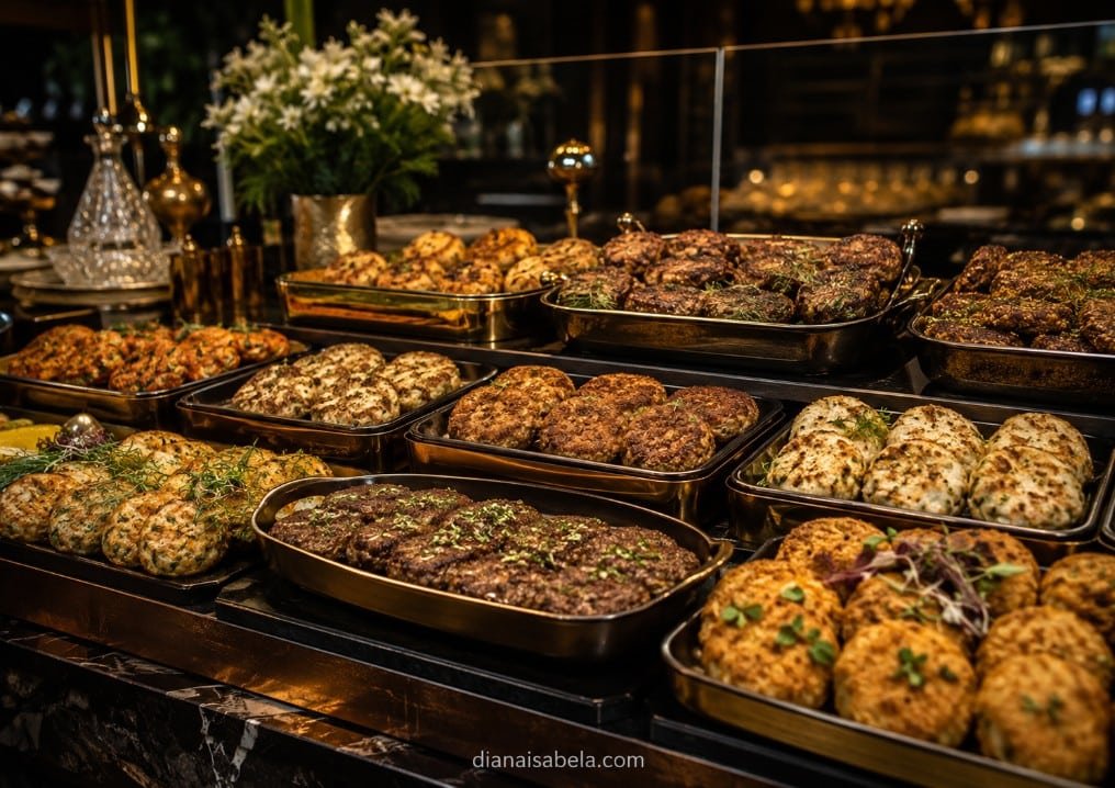 Luxury buffet display with many kinds of Russian kotleti and cutlets, including beef, chicken, turkey, fish, vegetable and buckwheat varieties