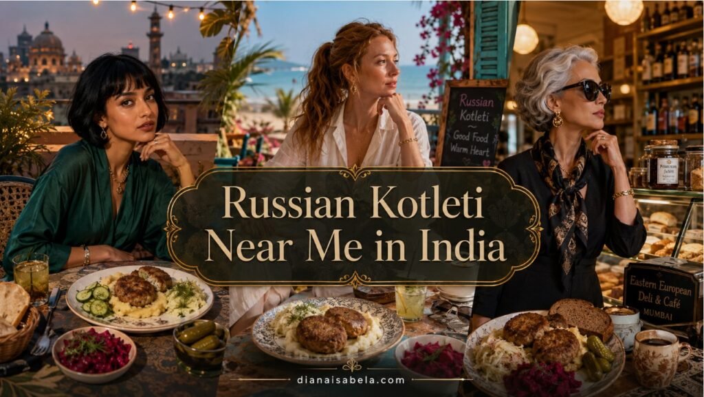 Russian kotleti near me in India with Eastern European café scenes, kotleti plates, mashed potatoes, cucumber salad, beet salad, pickles, rye bread, tea and Indian city atmosphere.