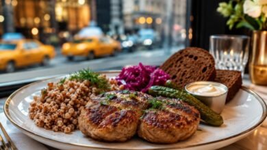 Russian kotleti dinner in New York City with buckwheat, pickles, cabbage, rye bread and classic Eastern European sides