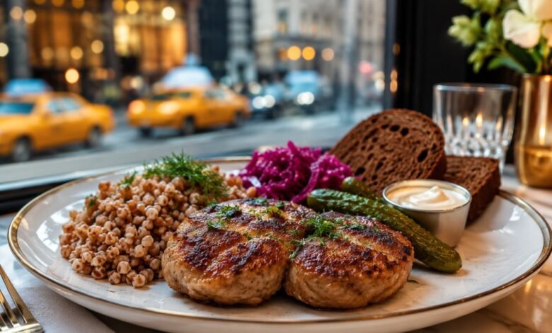Russian kotleti dinner in New York City with buckwheat, pickles, cabbage, rye bread and classic Eastern European sides