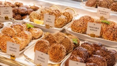 Elegant restaurant buffet with many Russian kotleti varieties including chicken, turkey, beef, lamb, fish, vegetable and buckwheat cutlets