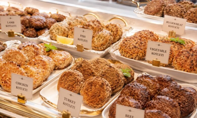 Elegant restaurant buffet with many Russian kotleti varieties including chicken, turkey, beef, lamb, fish, vegetable and buckwheat cutlets