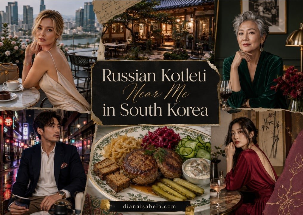 Russian kotleti near me in South Korea with Seoul dining scenes, Eastern European comfort food, kotleti, cabbage salad, cucumber salad, pickles, rye bread and creamy sauce.