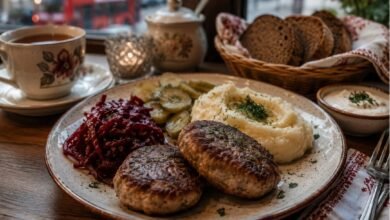 Russian kotleti dinner in the UK with mashed potatoes, beet salad, pickles, rye bread and tea in a cozy Eastern European restaurant setting.