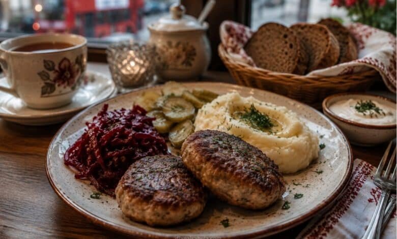 Russian kotleti dinner in the UK with mashed potatoes, beet salad, pickles, rye bread and tea in a cozy Eastern European restaurant setting.
