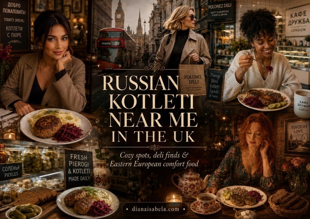 Russian kotleti near me in the UK with cozy Eastern European restaurant scenes, deli counters, kotleti plates, tea, rye bread, pickles and London dining atmosphere.