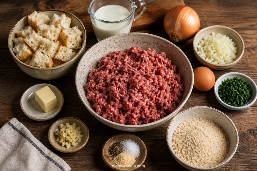 Ingredients for Russian kotleti including ground meat, bread, onion, milk, egg and breadcrumbs
