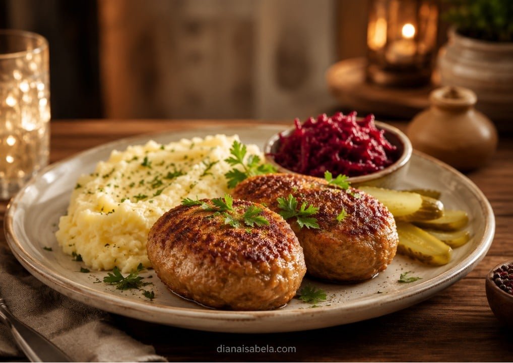 Russian kotleti served with mashed potatoes, beet salad and pickles