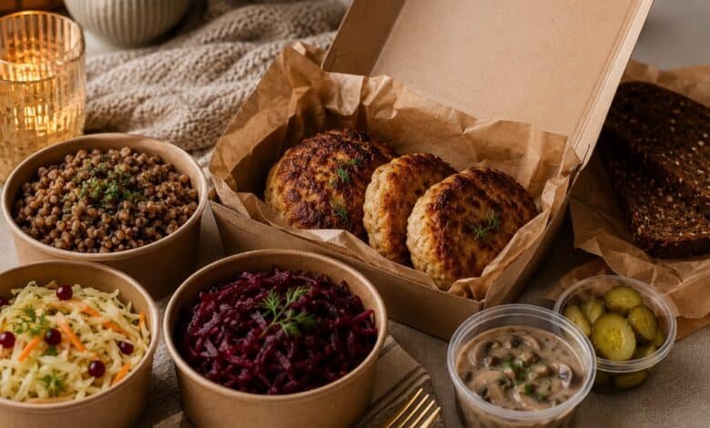 Russian kotleti takeout with buckwheat, beet salad, cabbage salad, mushroom sauce, pickles and rye bread for a cozy Eastern European dinner