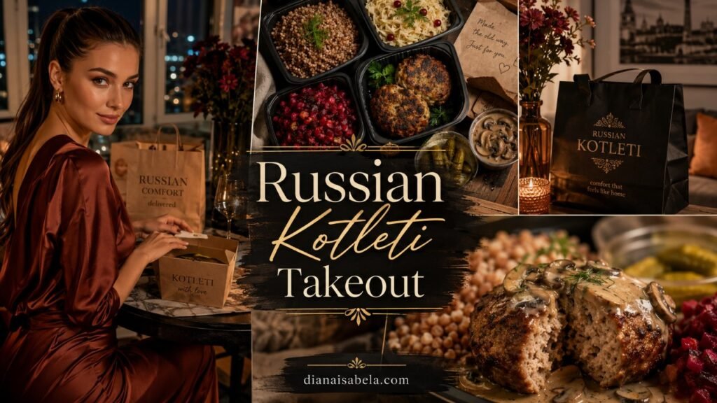 Russian Kotleti Takeout: How to Order Comfort Food That Travels Well 2 Russian kotleti takeout guide with delivery containers, buckwheat, beet salad, cabbage salad, mushroom sauce, pickles and cozy dinner-at-home mood