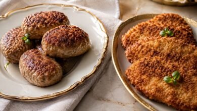 Russian kotleti served beside crispy Russian cutlets to show the difference between tender meat patties and breaded cutlet-style dishes