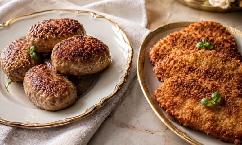 Russian kotleti served beside crispy Russian cutlets to show the difference between tender meat patties and breaded cutlet-style dishes