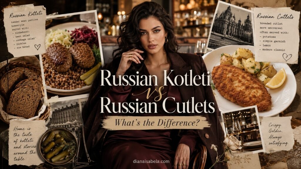 Russian kotleti vs Russian cutlets guide showing tender kotleti, crisp cutlet dishes, menu notes, rye bread, pickles and Eastern European dinner clues