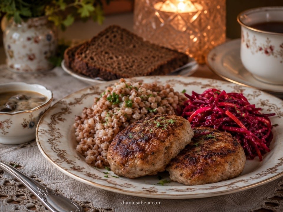 Russian kotleti served with buckwheat, beet salad, rye bread and tea in a cozy Eastern European dinner setting