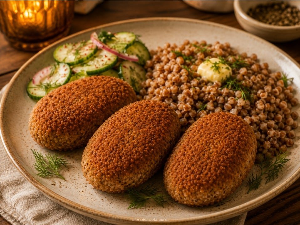 Breaded Russian kotleti served with buttered buckwheat and cucumber dill salad