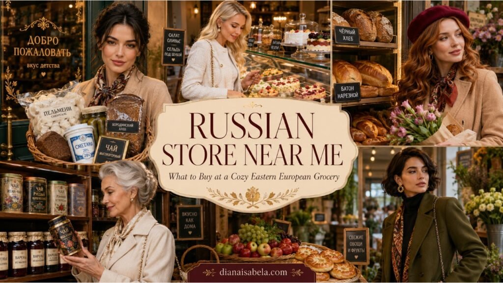 Russian store near me guide with stylish Eastern European grocery scenes, pelmeni, rye bread, tea, preserves, deli salads, pastries, and cozy market finds