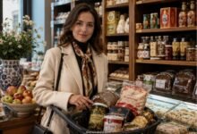 Stylish Russian store shopping scene with pelmeni, rye bread, sour cream, pickles, tea, sweets, and Eastern European grocery finds