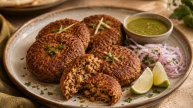 Shami kebab patties with mint chutney, red onion and lime