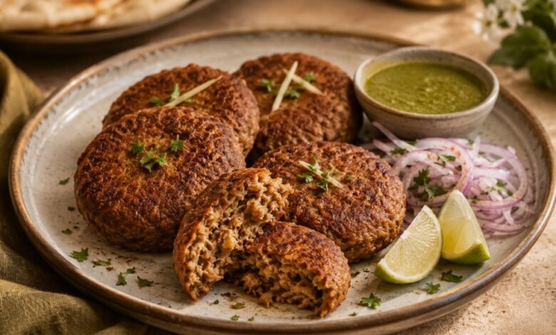 Shami kebab patties with mint chutney, red onion and lime