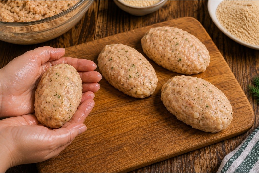 Shaping oval chicken kotleti by hand from a moist ground chicken mixture