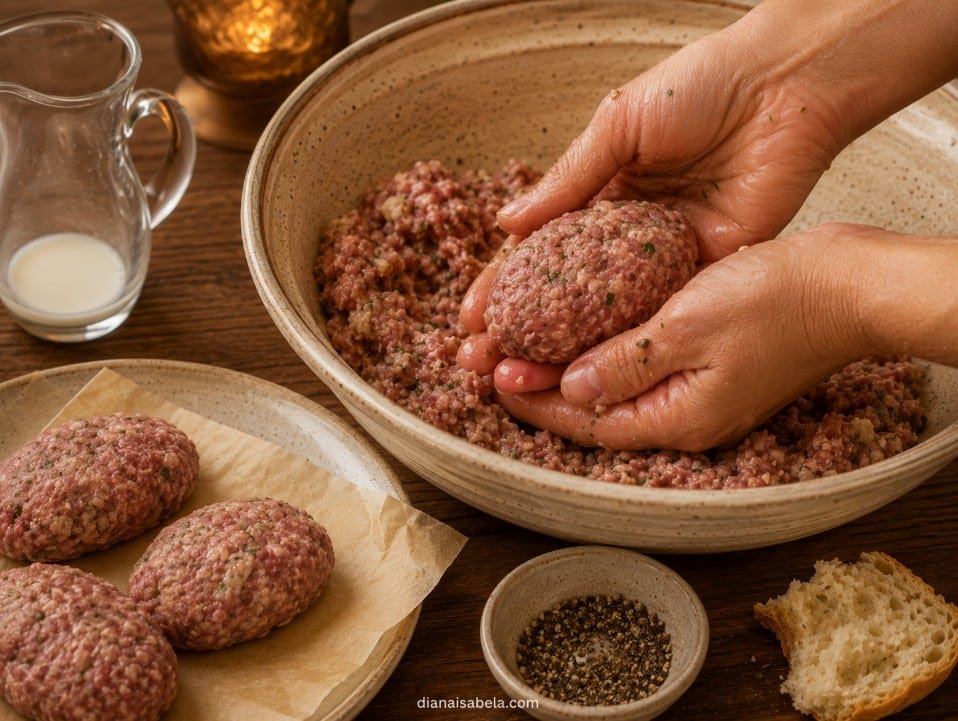 Shaping raw Russian kotleti into even oval cutlets by hand