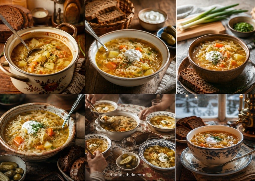 Shchi cabbage soup served with sour cream, dill, rye bread, pickles, potatoes and carrots.
