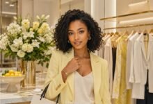 Stylish teen shopping new arrivals in a luxury boutique with a pastel yellow blazer, curated fashion pieces, flowers, and smart shopping inspiration