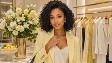 Stylish teen shopping new arrivals in a luxury boutique with a pastel yellow blazer, curated fashion pieces, flowers, and smart shopping inspiration