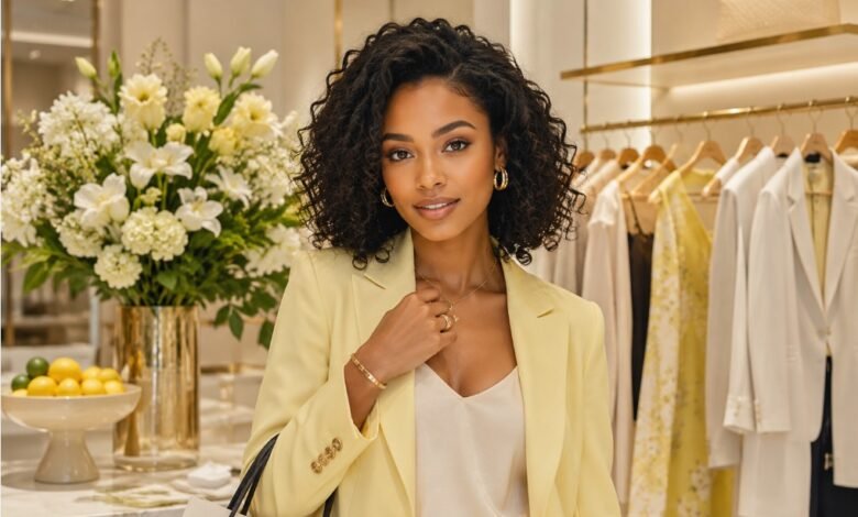 Stylish teen shopping new arrivals in a luxury boutique with a pastel yellow blazer, curated fashion pieces, flowers, and smart shopping inspiration