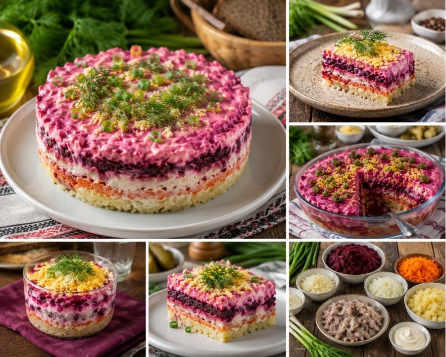 Shuba layered beet salad with beets, potatoes, carrots, eggs, herring, mayonnaise and herbs.