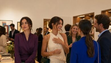 Two stylish friends at an art gallery opening, with one receiving attention while the other watches with a subtle, unreadable expression.