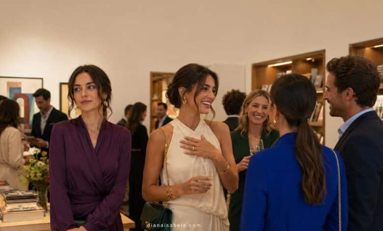 Two stylish friends at an art gallery opening, with one receiving attention while the other watches with a subtle, unreadable expression.