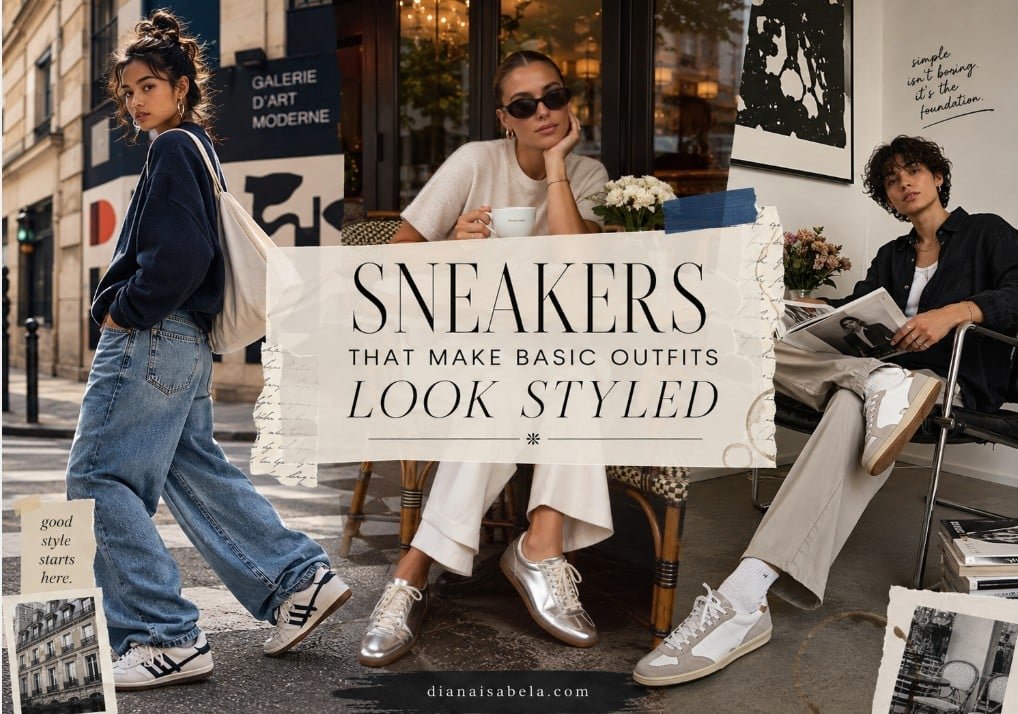 Sneakers that make basic outfits look styled with baggy jeans, metallic sneakers, relaxed trousers, café style, and cool street fashion inspiration
