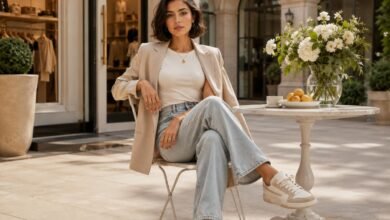 Stylish sneakers with relaxed jeans, cream top, beige blazer, café courtyard setting, flowers, fruit, and polished everyday outfit inspiration