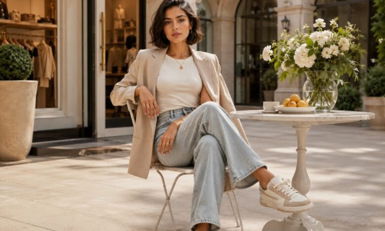 Stylish sneakers with relaxed jeans, cream top, beige blazer, café courtyard setting, flowers, fruit, and polished everyday outfit inspiration
