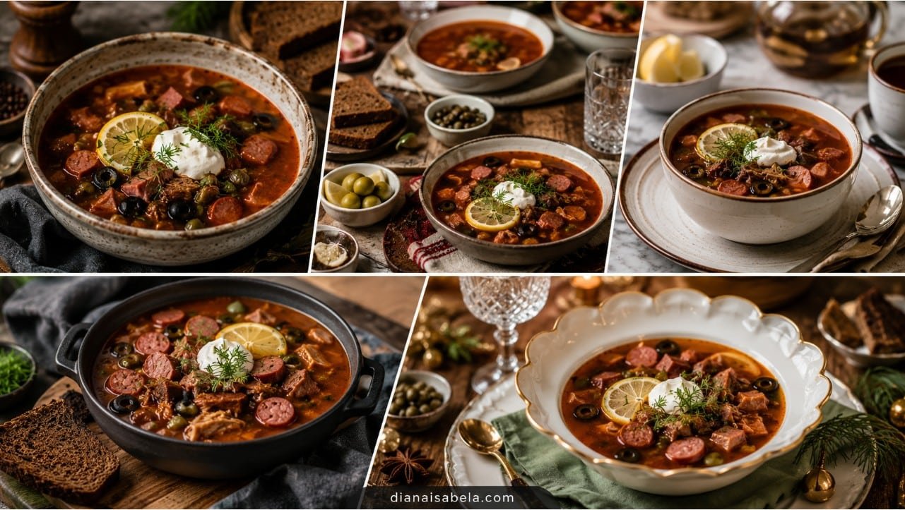 Solyanka soup with smoked meats, olives, lemon, sour cream, dill and rye bread.