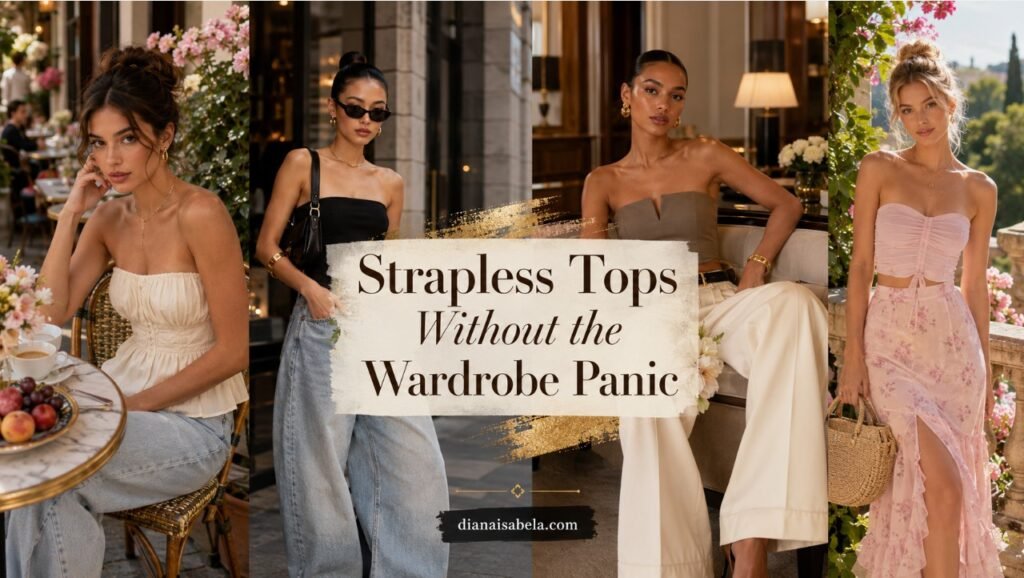 Strapless top outfit ideas with denim, wide-leg trousers, soft skirts, layered styling, flowers, fruit, and polished fashion inspiration