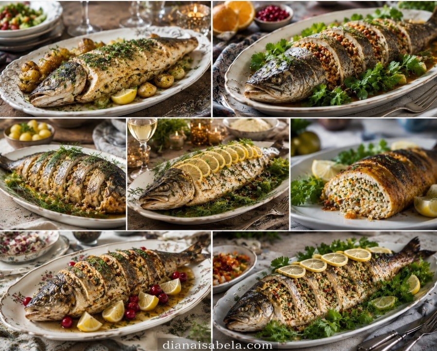 Stuffed fish served whole with rice, vegetables, herbs, lemon, potatoes and fresh greens.